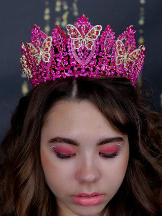Fuchsia gold tiara crown with butterflies for quinceanera