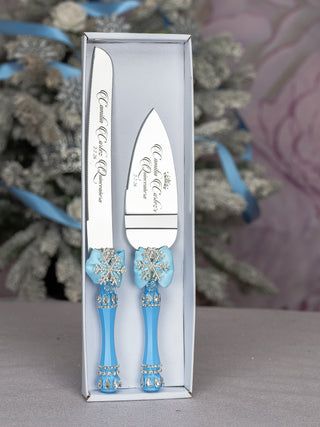 Light Blue Quinceanera Snowflake theme cake knife and server