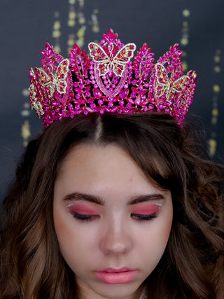 Fuchsia gold tiara crown with butterflies for quinceanera