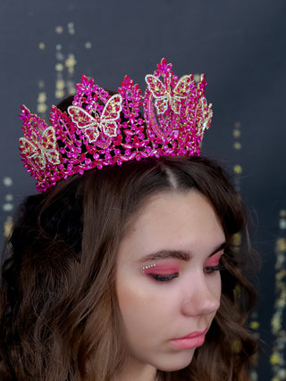 Fuchsia gold tiara crown with butterflies for quinceanera