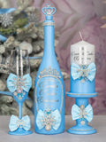 Light Blue Quinceanera Snowflake theme package of bottle, glass and candle