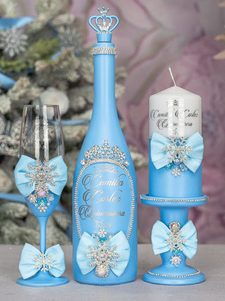 Light Blue Quinceanera Snowflake theme package of bottle, glass and candle