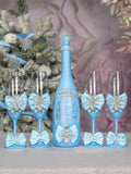 Light Blue Quinceanera Snowflake theme bottle with 4 glasses
