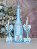 Light Blue Quinceanera Snowflake theme bottle with 2 glasses