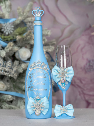 Light Blue Quinceanera Snowflake theme bottle with 1 glass