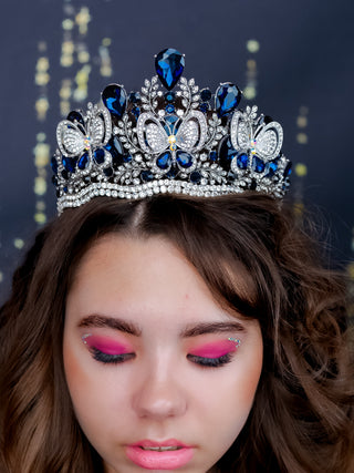 Quinceanera butterfly crown navy blue silver