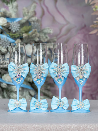 Light Blue Quinceanera Snowflake theme 4 champagne glasses