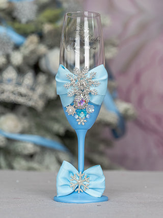 Light Blue Quinceanera Snowflake theme 1 champagne glass