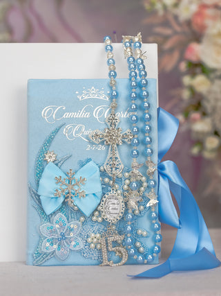 Light Blue Quinceanera Snowflake theme Bible with Rosary (in english)
