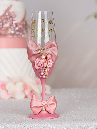 Dusty Pink with Bow quinceanera package of bottle, glass and candle