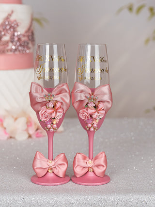 Dusty Pink with Bow 1 quinceanera champagne glass