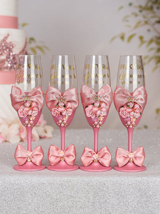 Dusty Pink with Bow quinceanera bottle with 2 glasses