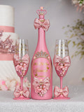 Dusty Pink with Bow quinceanera bottle with 2 glasses
