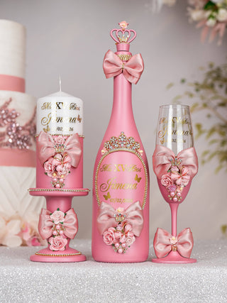 Dusty Pink with Bow quinceanera bottle with 4 glasses