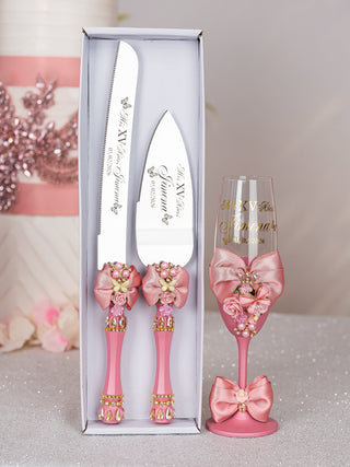 Dusty Pink with Bow quinceanera package of bottle, glass and candle