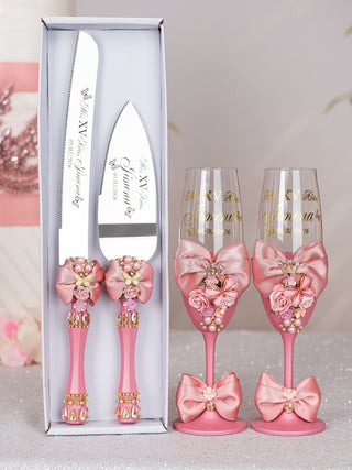Dusty Pink with Bow quinceanera brindis package with candle