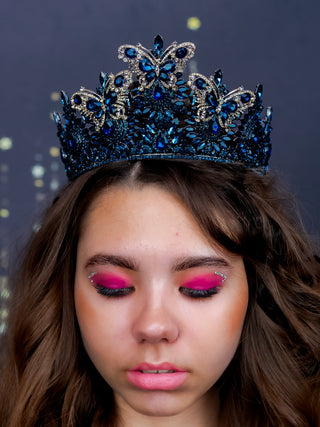 Crown with butterflies navy blue with gold for Quinceanera