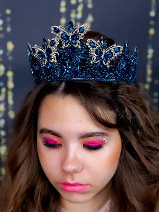 Crown with butterflies navy blue with gold for Quinceanera