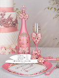 Dusty Pink with Bow quinceanera bottle with 4 glasses