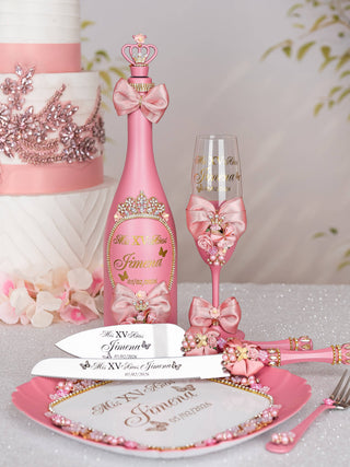 Dusty Pink with Bow quinceanera bottle with 4 glasses