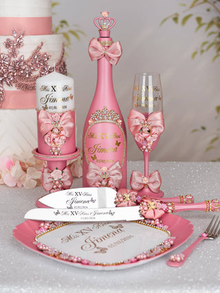 Dusty Pink with Bow 4 quinceanera champagne glasses