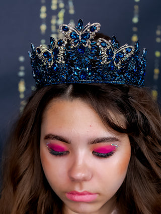 Crown with butterflies navy blue with gold for Quinceanera