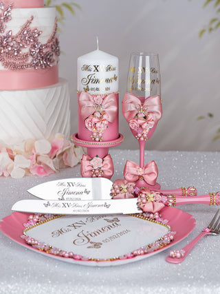 Dusty Pink with Bow quinceanera bottle with 4 glasses