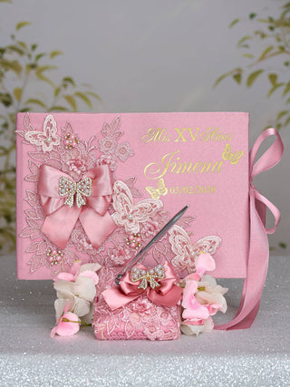 Dusty Pink with Bow Quinceanera theme pillows set, guest book with album de fotos