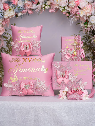Dusty Pink with Bow quinceanera bible, rosary and guest book