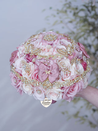Dusty Rose with Bow Quinceanera Bouquet 13 inches