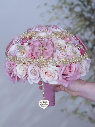 Dusty Rose with Bow Quinceanera Bouquet 13 inches