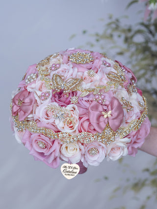 Dusty Rose with Bow Quinceanera Bouquet 9 inches