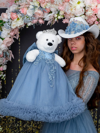 Dusty Blue Silver Teddy Bear for Quinceanera