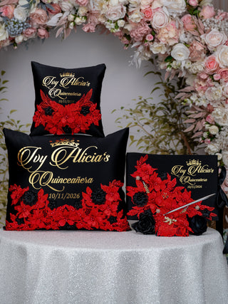 Black with Red Quinceanera theme package of pillows set and guest book