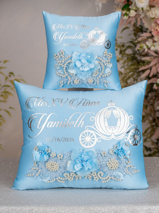Light Blue Cinderella Quinceanera package of pillows set, Bible, rosary and guest book