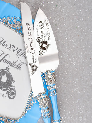 Light Blue Cinderella quinceanera cake knife and server