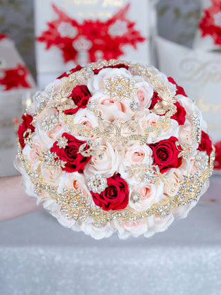 Champagne Red Quinceanera Bouquet 9 inches