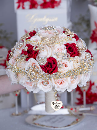 Champagne Red Quinceanera Bouquet 13 inches