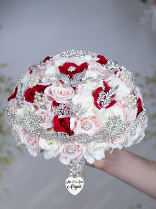 Blush White Red Quinceanera bouquet 9 inches