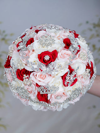 Blush White Red Quinceanera bouquet 9 inches