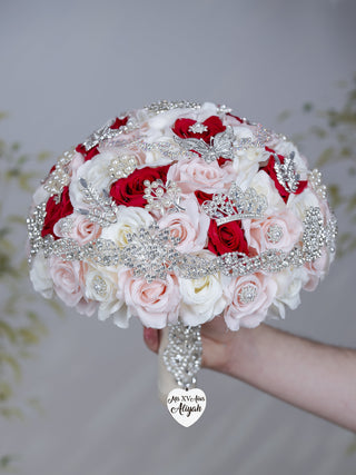 Blush White Red Quinceanera bouquet 13 inches