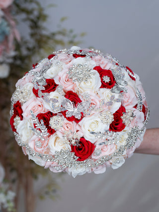 Blush White Red Quinceanera bouquet 13 inches