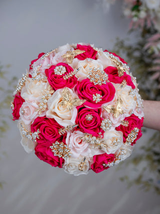 Blush White Fuchsia quinceanera bouquet 13 inches