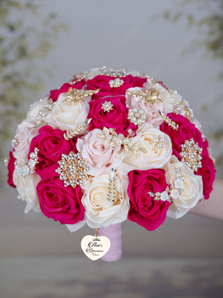 Blush White Fuchsia quinceanera bouquet 9 inches