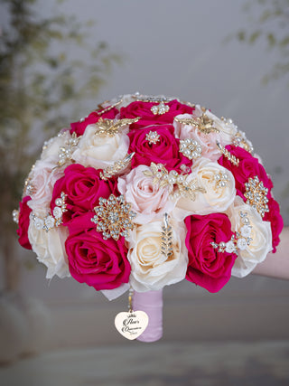 Blush White Fuchsia quinceanera bouquet 9 inches