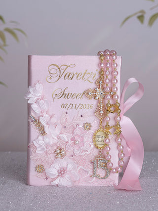 Light pink with gold Quinceanera Bible with Rosary (in english)