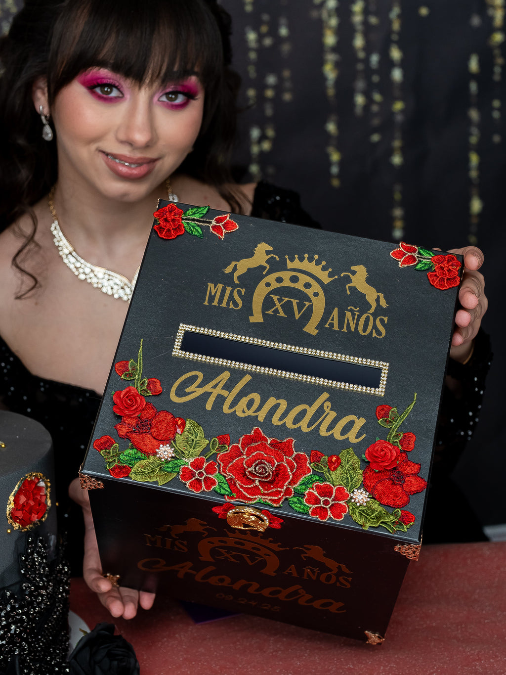 Ard Box Personalized Black and Red Charro Money Card Box / quinceanera-decor
