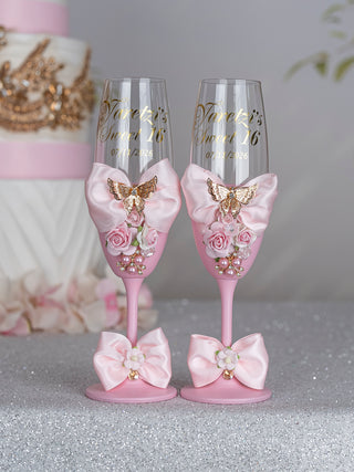 Light Pink Gold with Bow 2 quinceanera champagne glasses