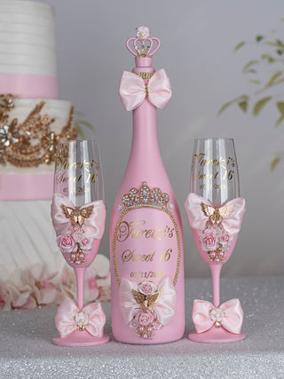 Light Pink Gold with Bow 2 quinceanera champagne glasses