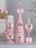 Light Pink Gold with Bow quinceanera package of bottle, glass and candle
